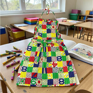 VTG Back to School Cottagecore Girls Dress Sz 6x/7 Floral Numbers Patchwork USA